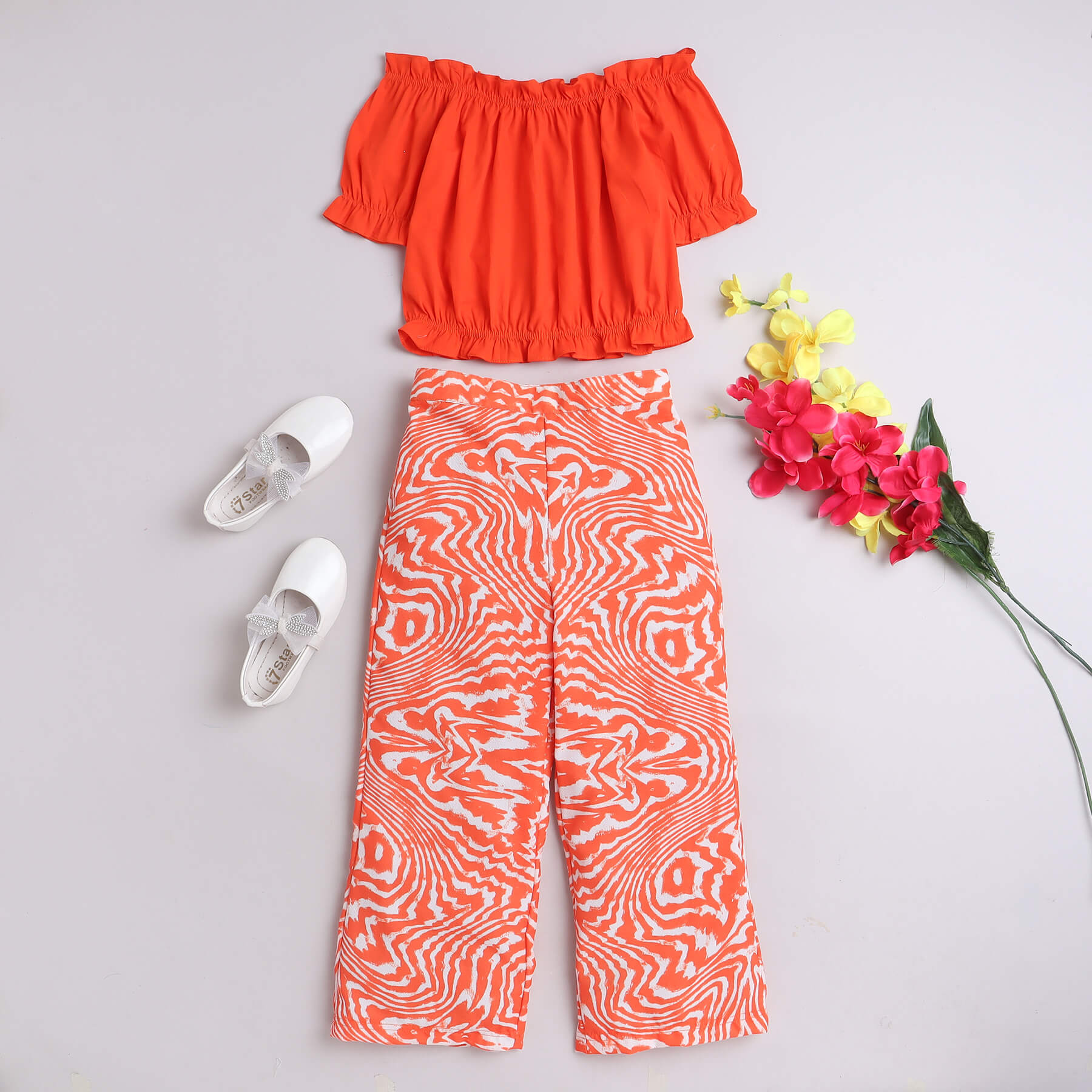 Shop Poplin Half Sleeves Off Shoulder Crop Top And Marble Printed Pant Set-Orange Online