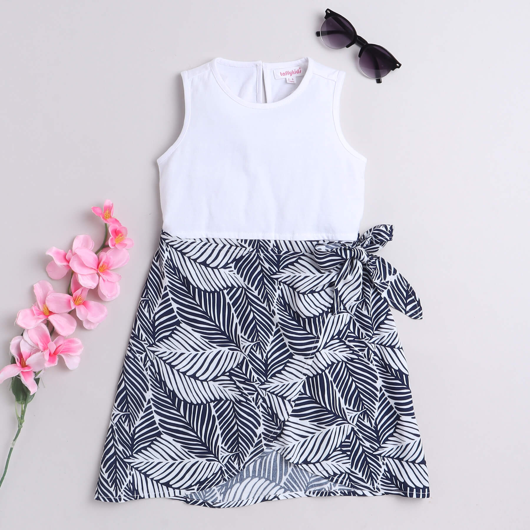 Shop Tropical Printed Sleeveless Round Neck Wrap Dress-White/Multi Online