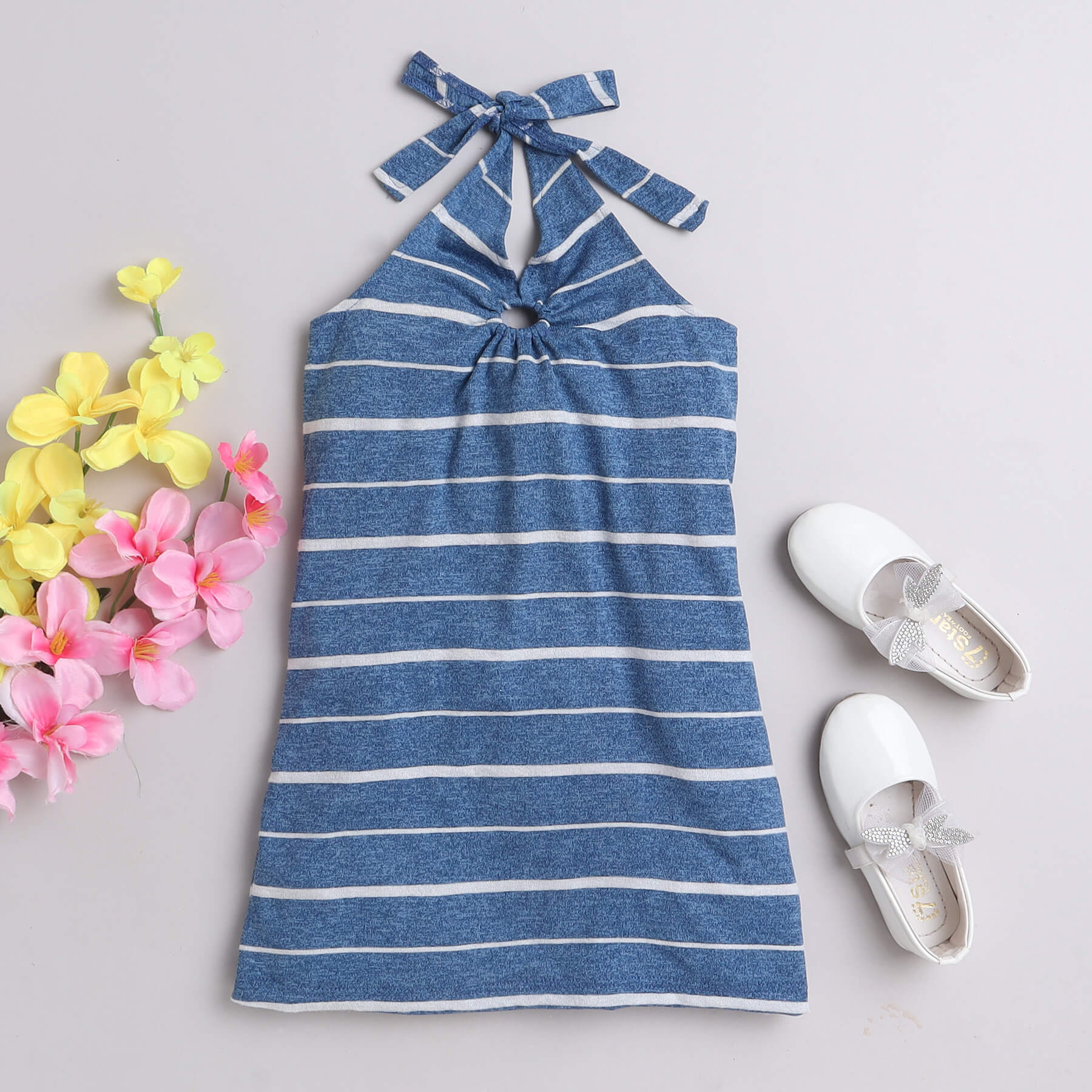 Shop Yarn Dyed Stripes Halter Tie-Up A-Line Cutout Dress- Blue/White Online