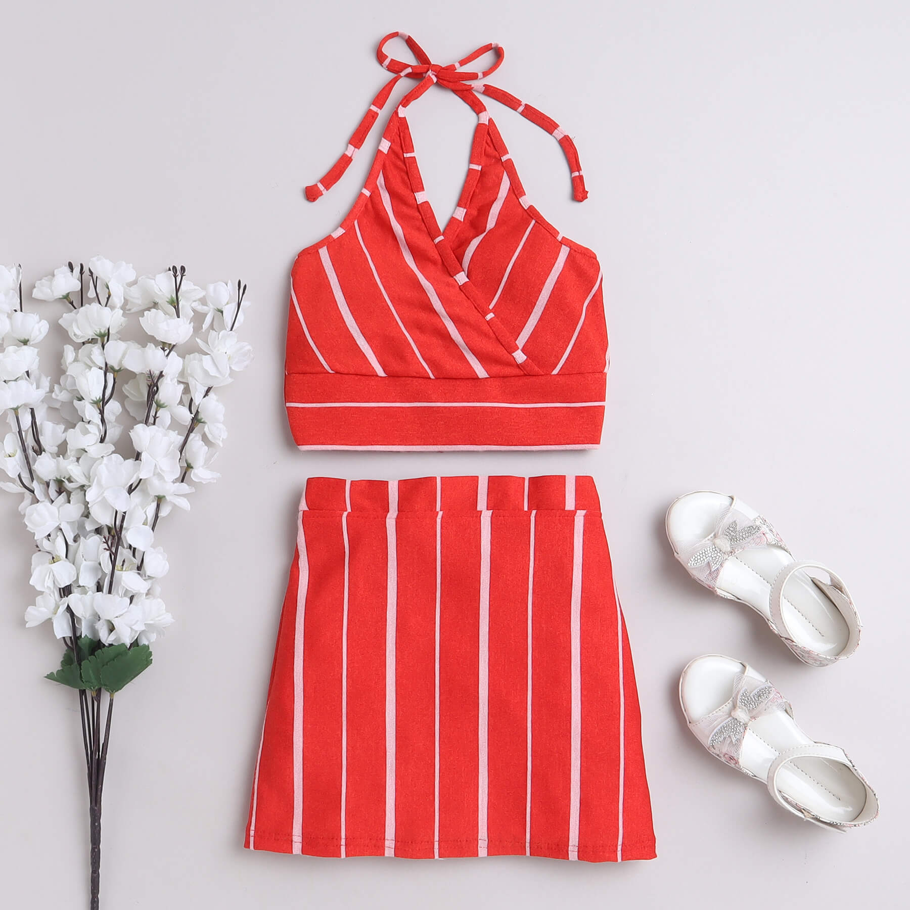 Shop Yarn Dyed Stripes Sleeveless Halter Neck Crop Top And Matching Short Skirt Set-Red/White Online