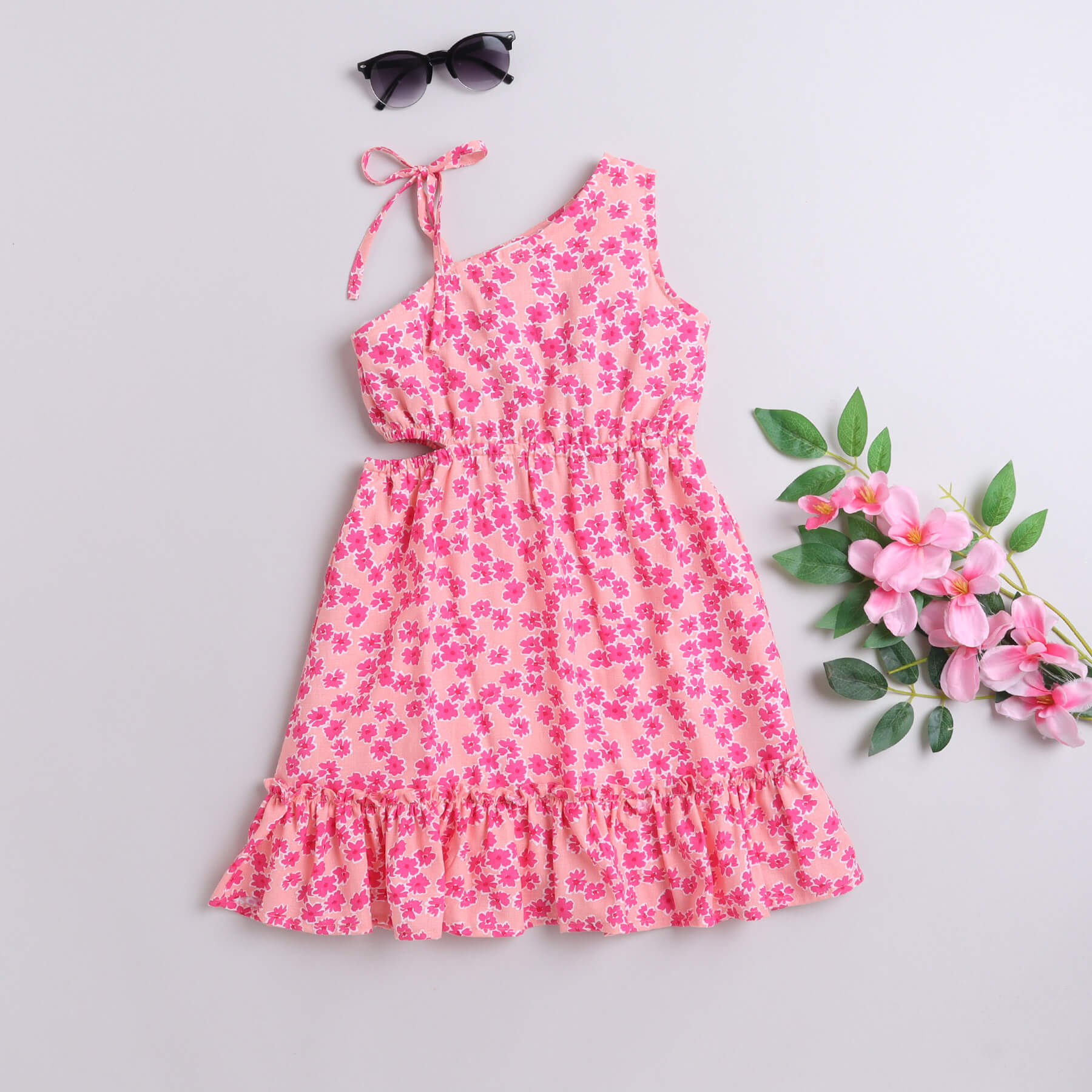 100% cotton floral printed one shoulder tie up cutout dress- Peach/Pink