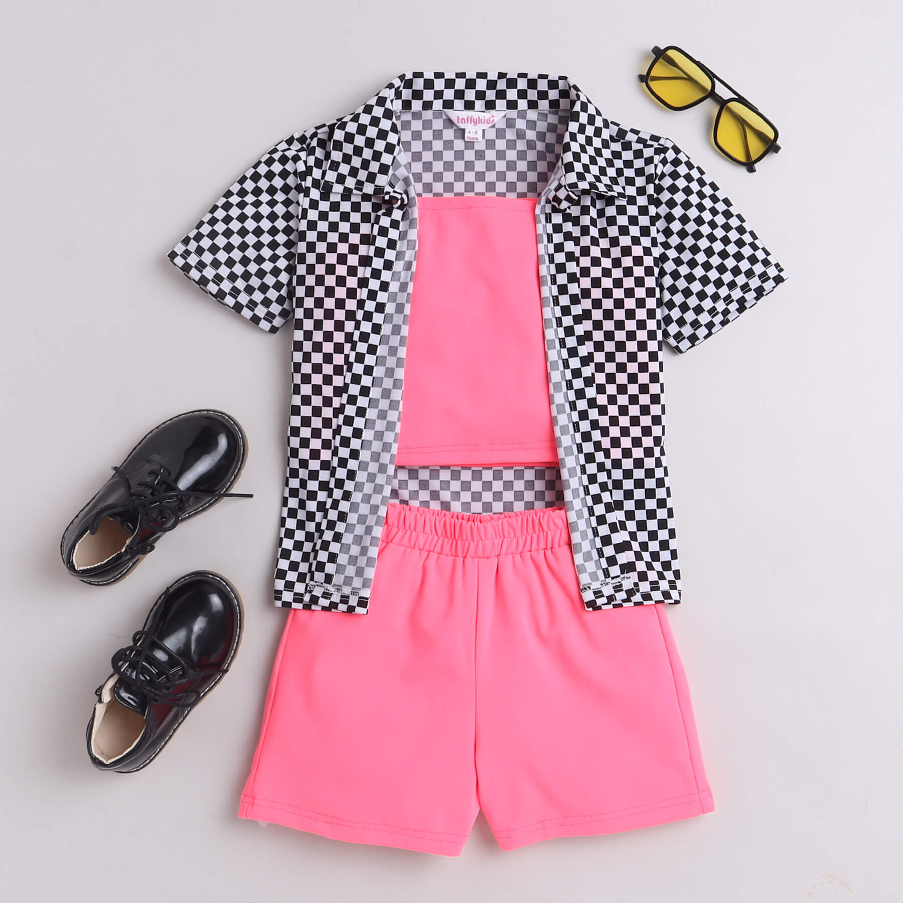 Shop Checks Printed Half Sleeves Long Shirt With Neon Pink Singlet Crop Top And Matching Shorts Online