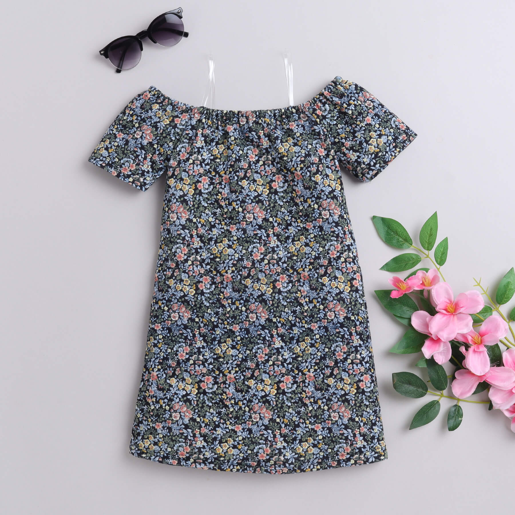 100% cotton floral printed half sleeves off shoulder aline dress-Multi