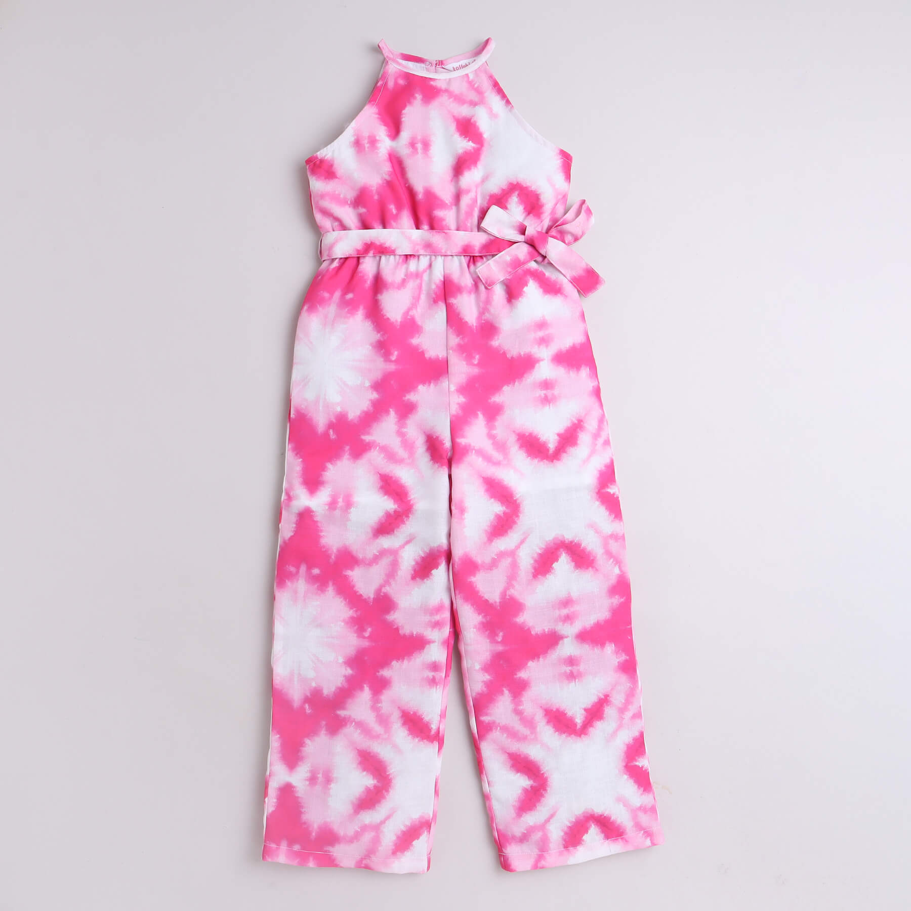Shop Tie-Dye Printed Sleeveless Halter Neck Ethnic Jumpsuit-Pink/White Online