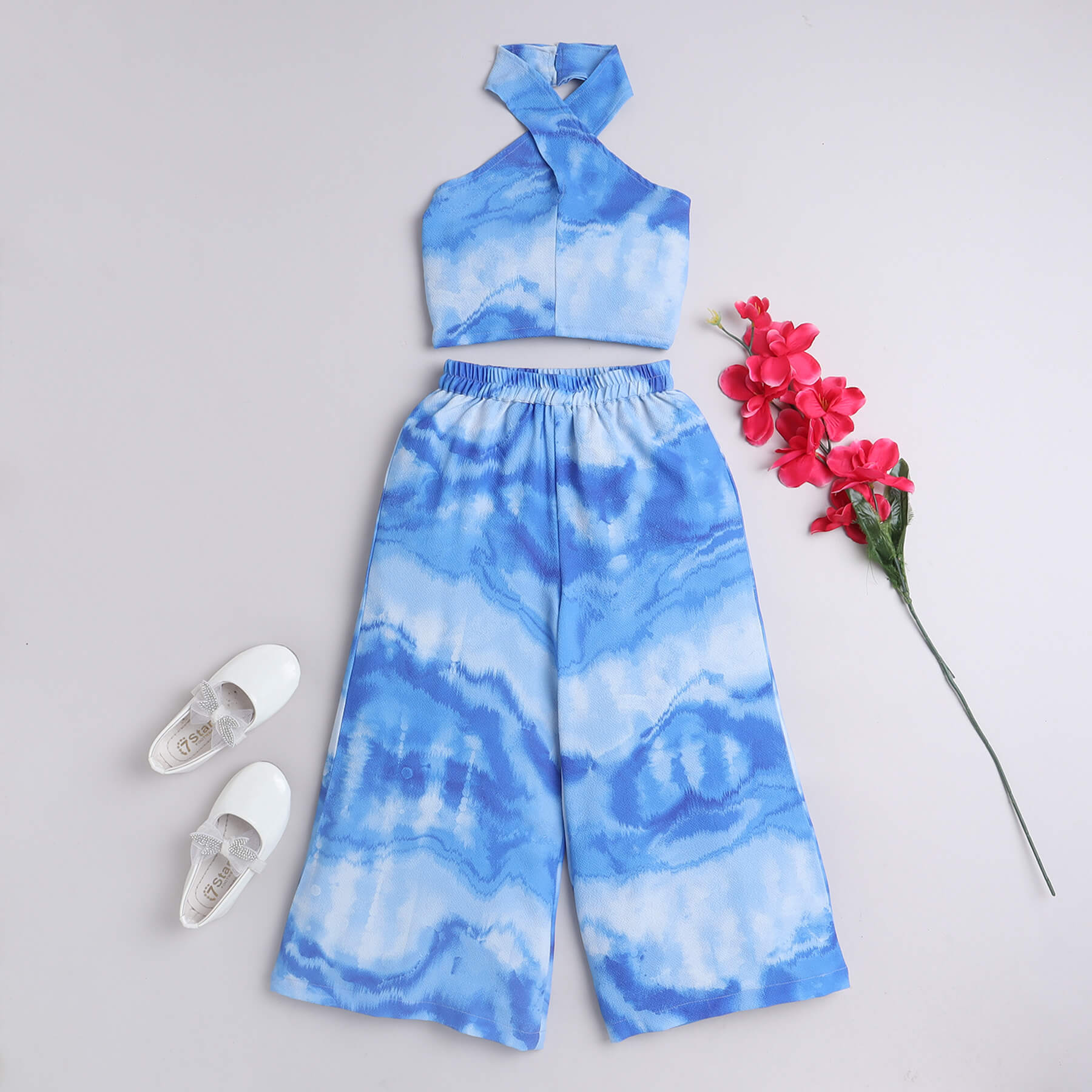 Taffykids Tie- dye printed sleeveless Halter neck Ethnic crop top and matching pant set-Blue/White