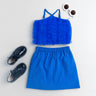 frill detail halter neck party crop top and matching skirt set-Blue