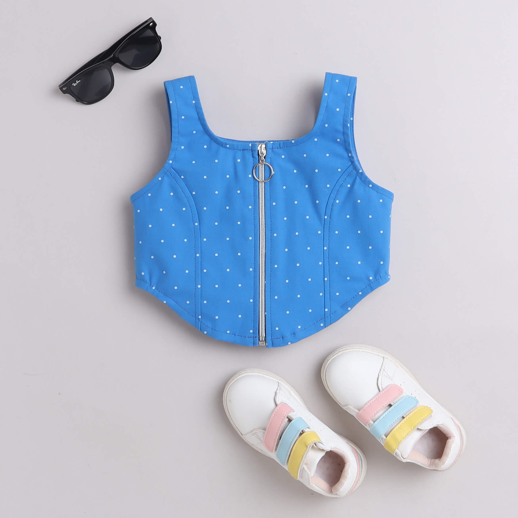 Shop 100% Cotton Polka Dots Printed Sleeveless Zipper Crop Top-Blue/White Online