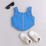 100% cotton polka dots printed sleeveless zipper crop top-Blue/White