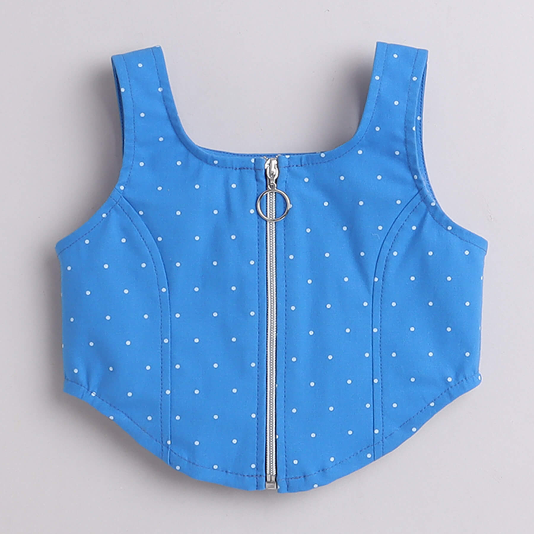 Shop 100% Cotton Polka Dots Printed Sleeveless Zipper Crop Top-Blue/White Online