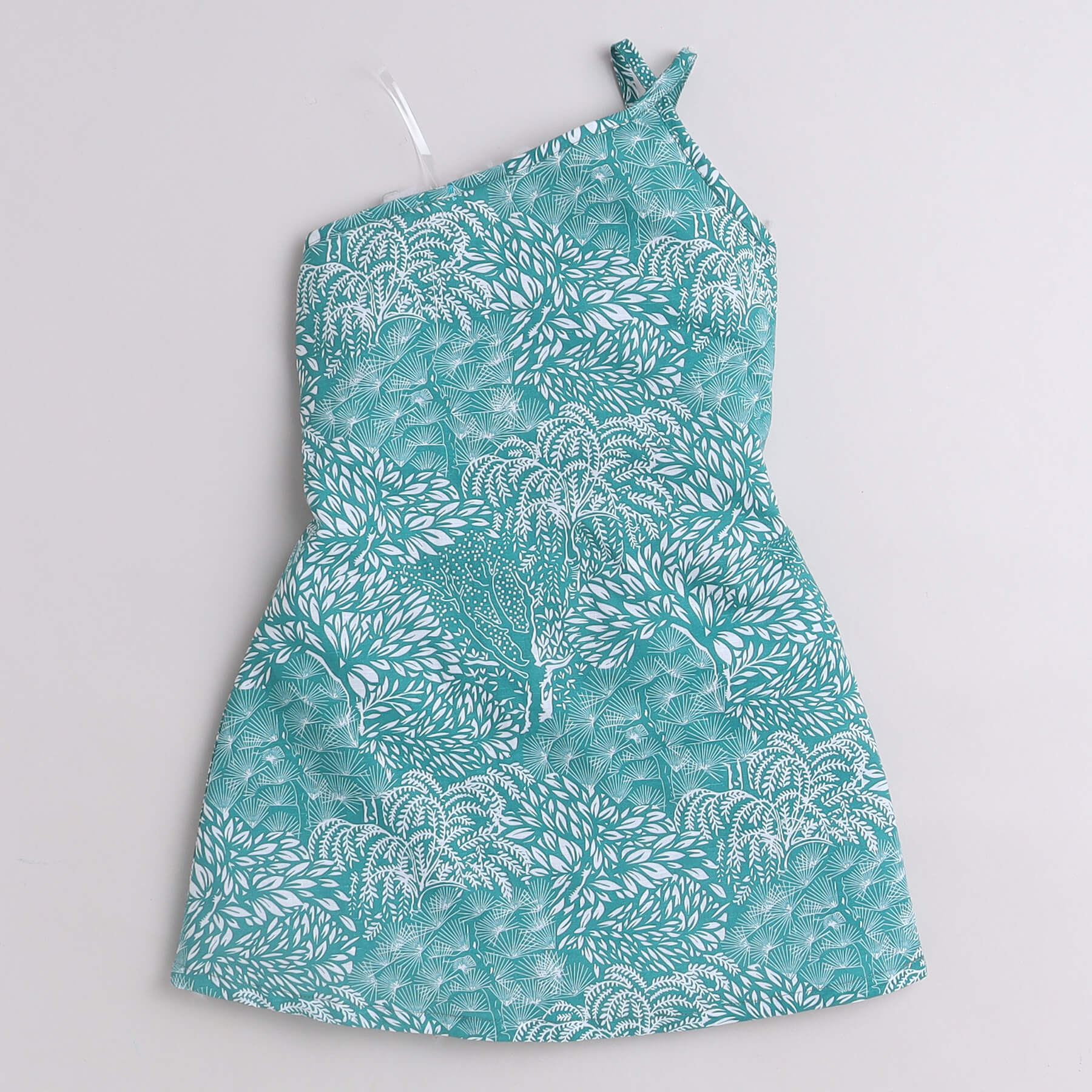 Shop 100% Cotton Tropical Printed Sleeveless One Shoulder Dress-Green/White Online