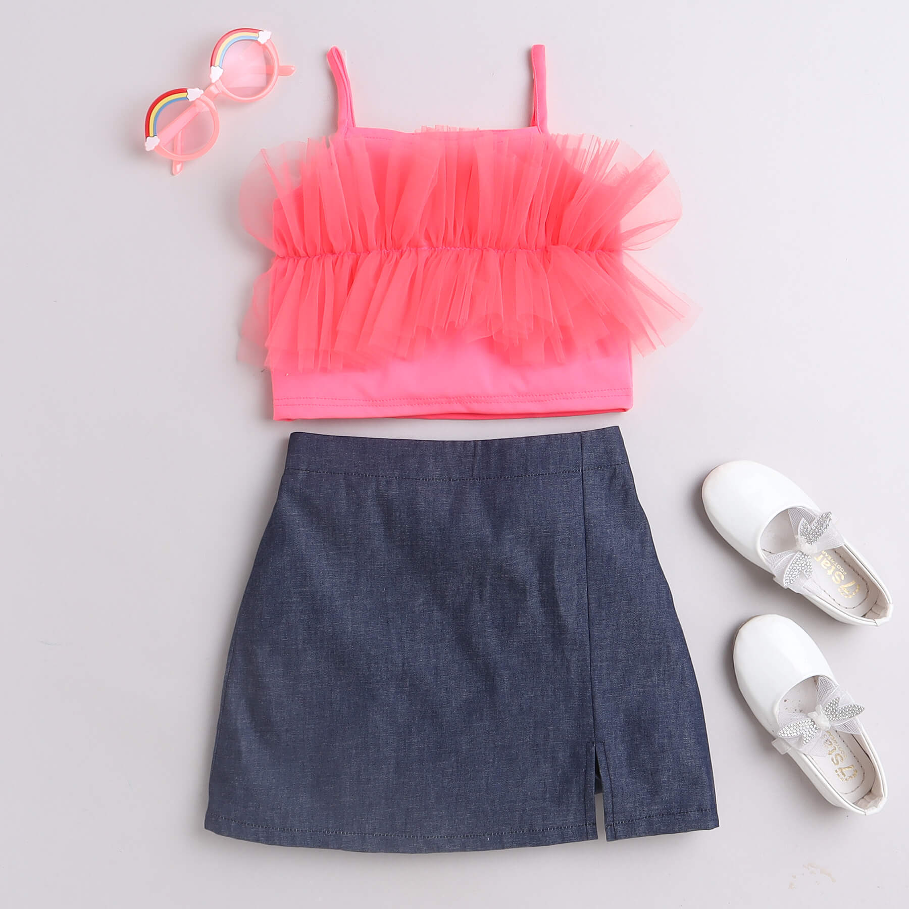 Shop Neon Ruffle Detail Party Crop Top And Slit Detail Denim Skirt Set-Neon Pink /Navy Online