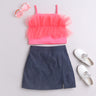 neon ruffle detail party crop top and slit detail denim skirt set-Neon Pink /Navy