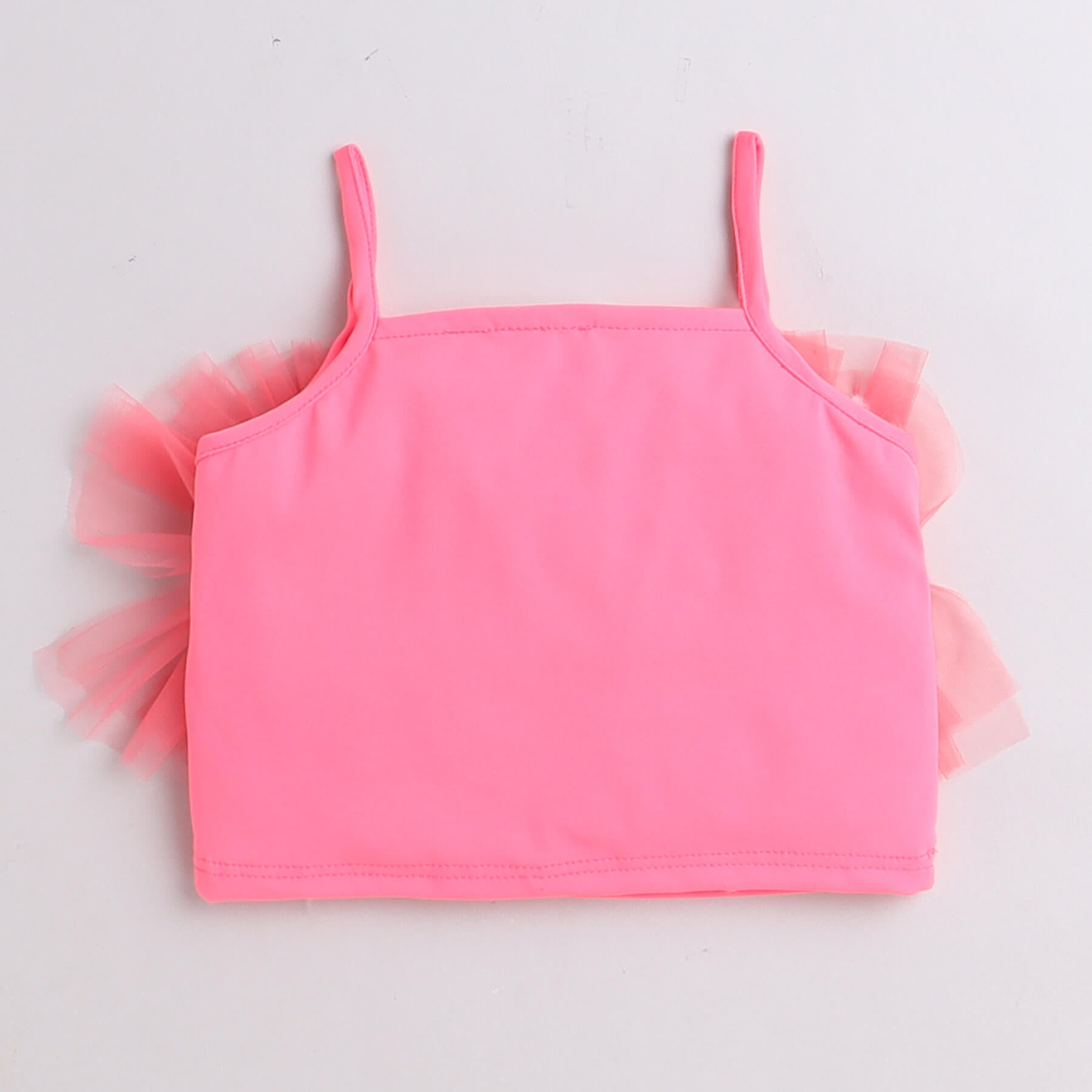 Shop Neon Ruffle Detail Party Crop Top And Slit Detail Denim Skirt Set-Neon Pink /Navy Online