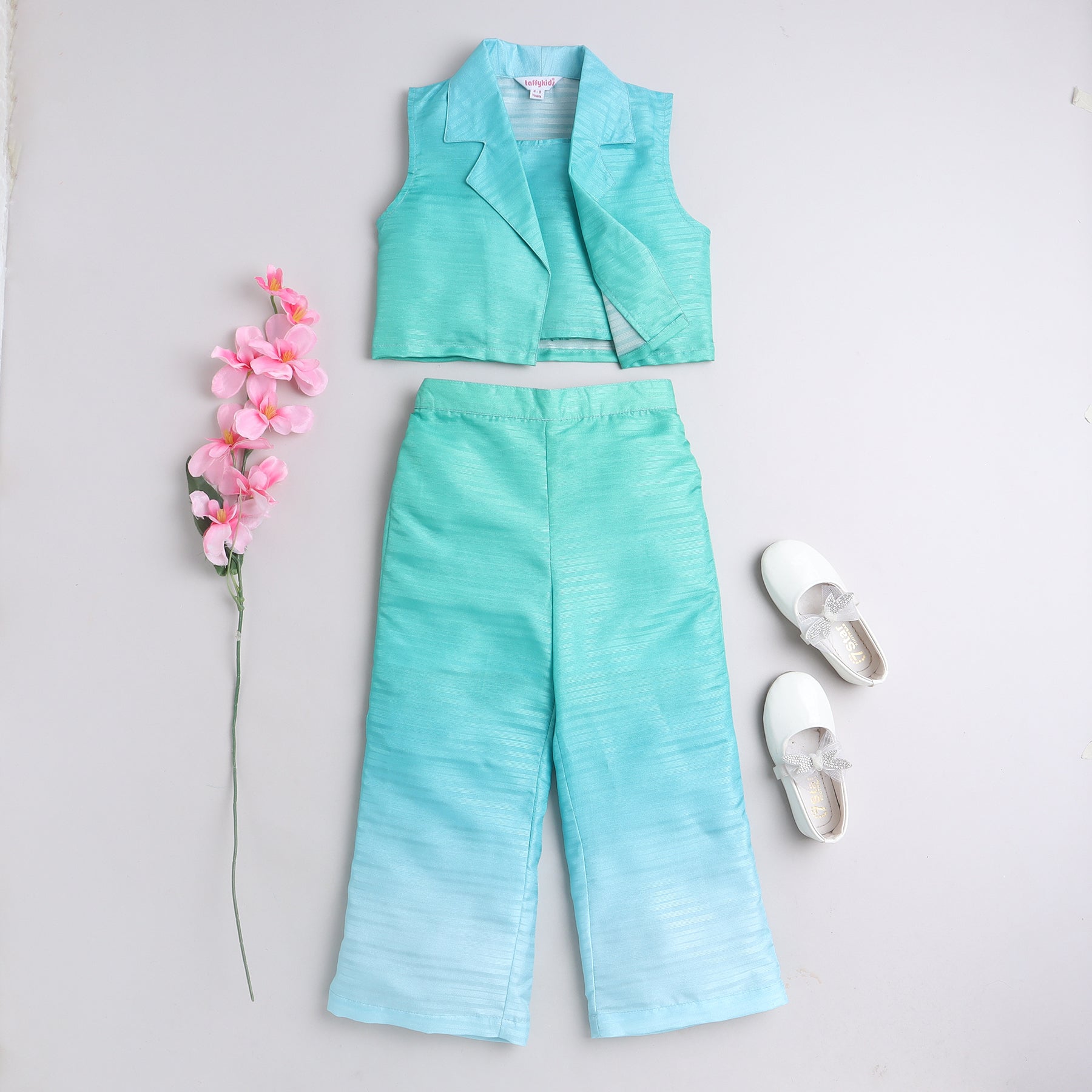Shop Ombre Printed Sleeveless Crop Blazer With Matching Singlet Crop Top And Pant Set-Green/Blue Online