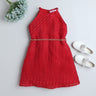 Organza pleated Halter neck A-line party Dress with Chain belt-Red