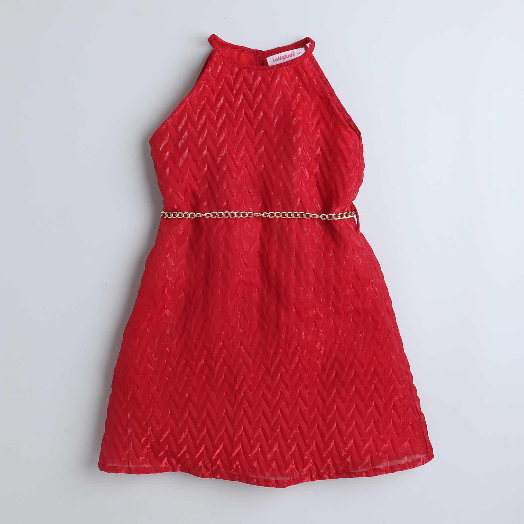 Taffykids Organza pleated Halter neck A-line party Dress with Chain belt-Red