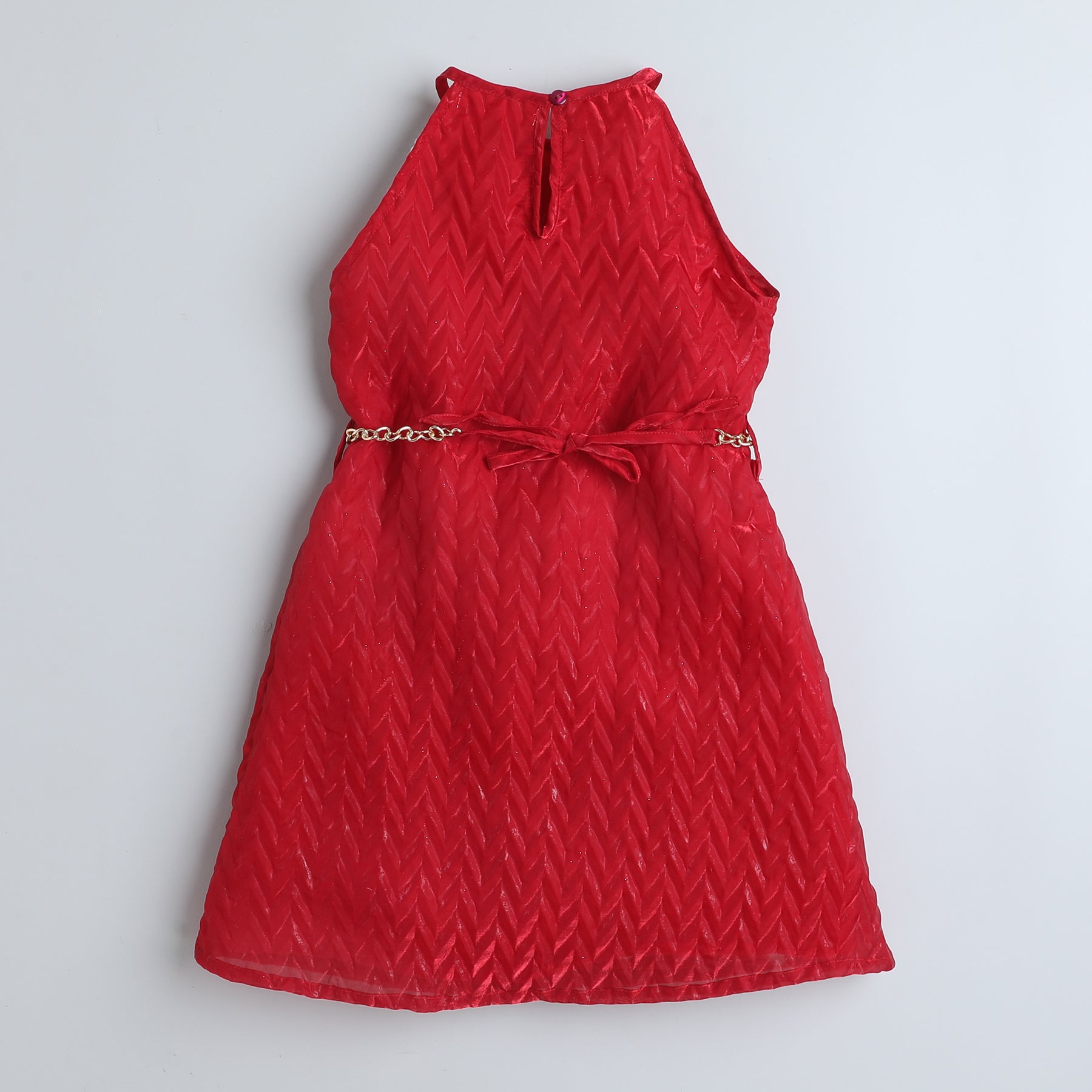 Taffykids Organza pleated Halter neck A-line party Dress with Chain belt-Red