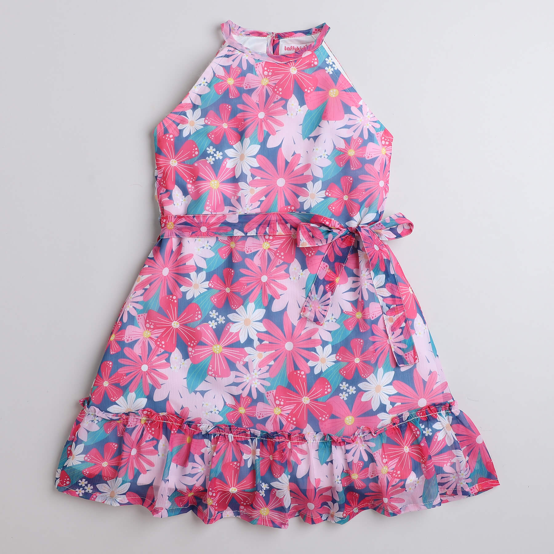 Shop Floral Printed Halter Neck Aline Dress With Tie-Up Belt-Pink/Multi Online