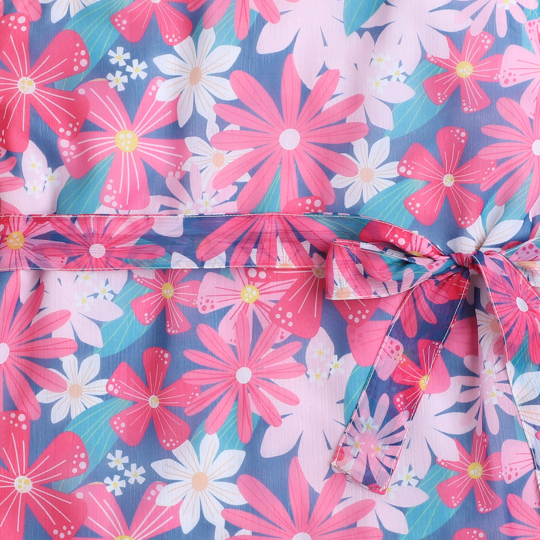 Taffykids floral printed halter neck Aline dress with tie-up belt-Pink/Multi