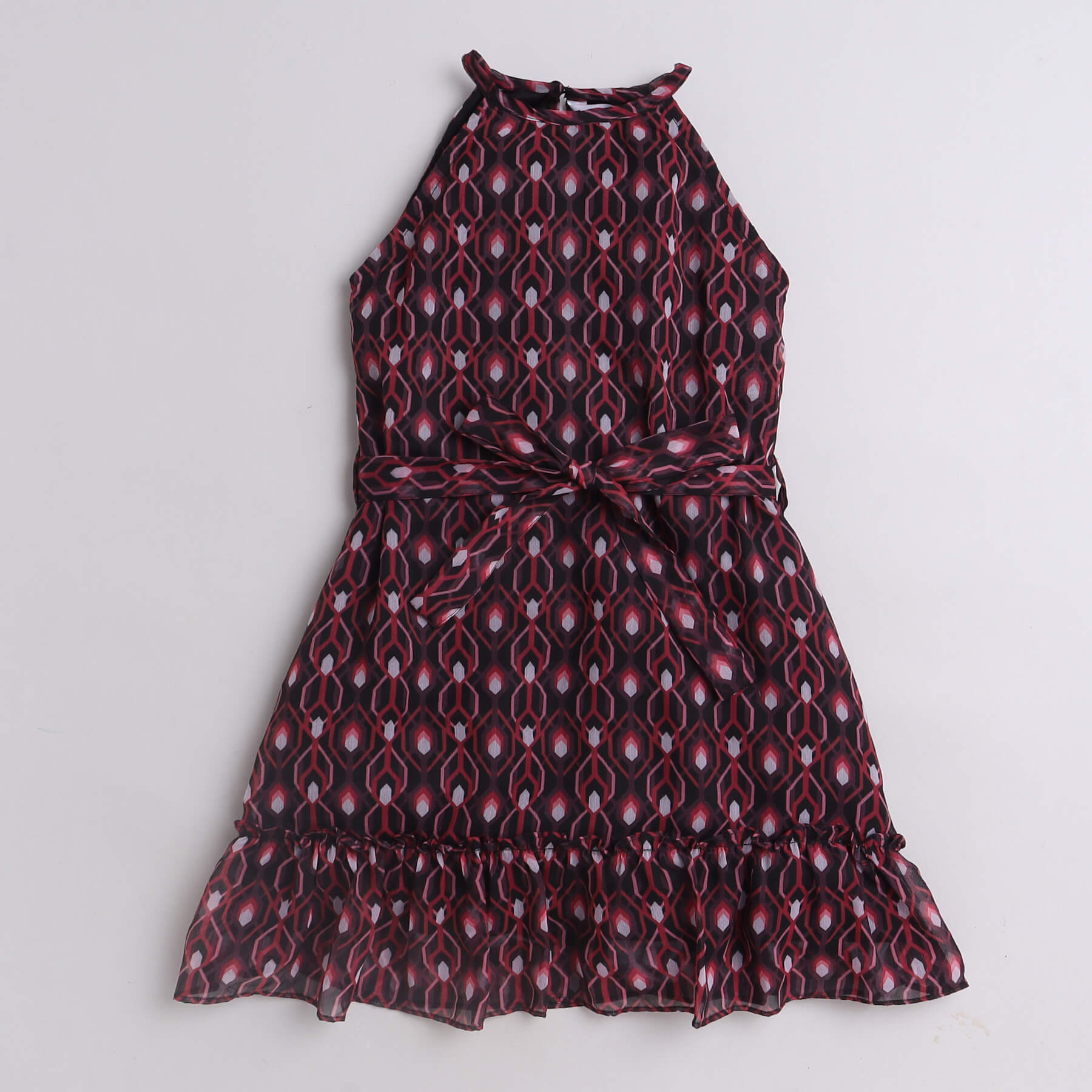 Shop Geometric Printed Sleeveless Halter A-Line Dress With Tie-Up Belt-Red/Black Online