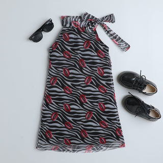 Animal and lips printed halter neck scarf A-line dress- Black/Multi