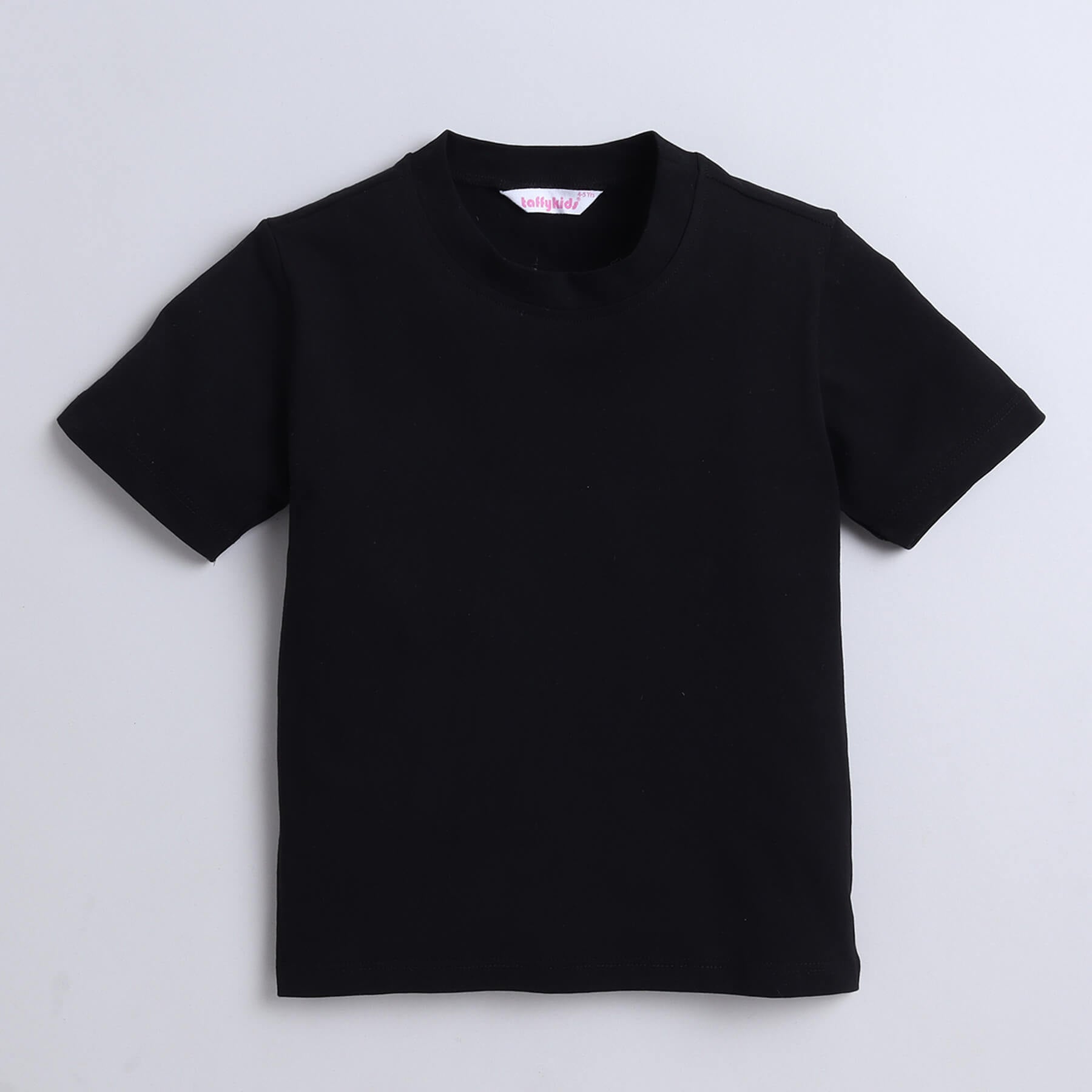 Taffykids checks sleeveles zip up jacket and solid half sleeves T-shirt set-Black/Multi