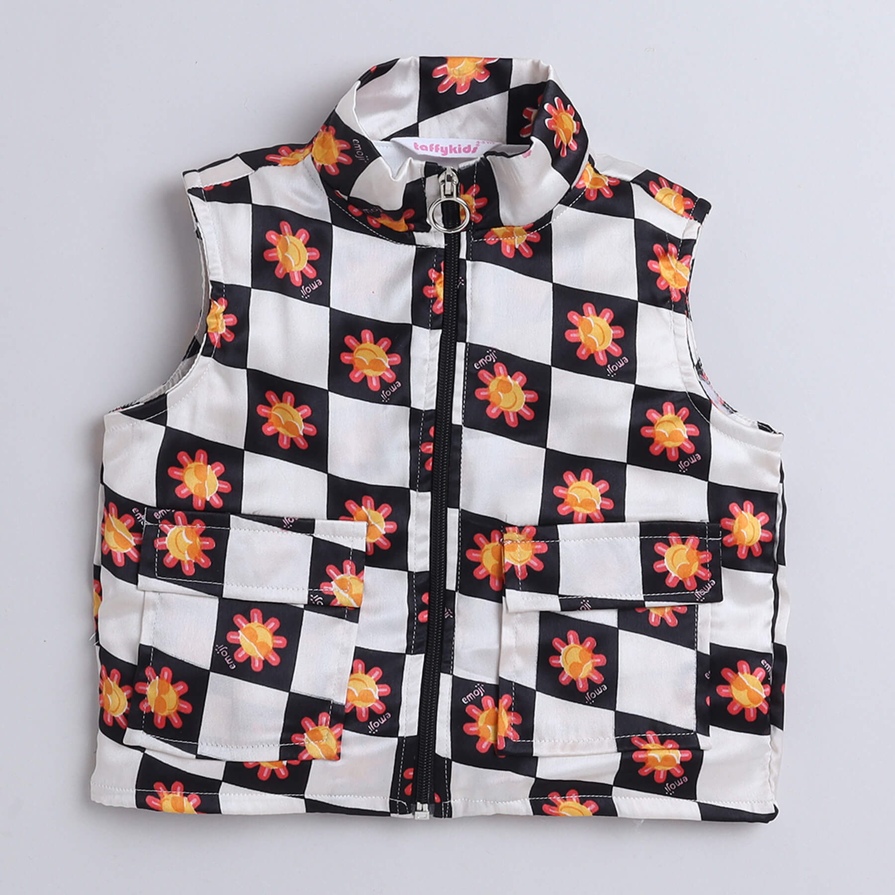 Taffykids checks sleeveles zip up jacket and solid half sleeves T-shirt set-Black/Multi