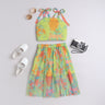 Neon color splash printed net shoulder tie up crop top and matching skirt set-Multi