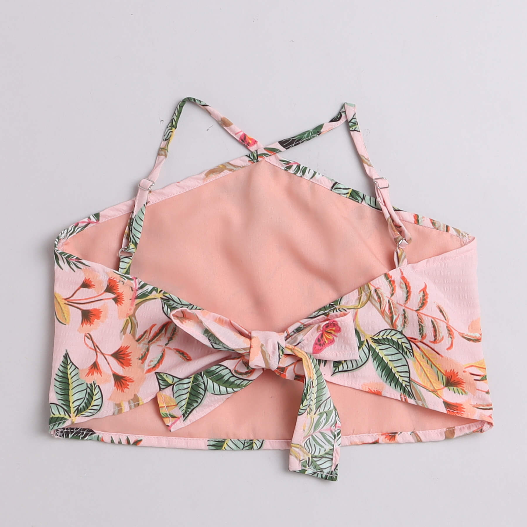 Shop Tropical Printed Halter Neck Back Tie Up Crop Top And Matching Tiered Short Skirt Set-Peach/Multis Online