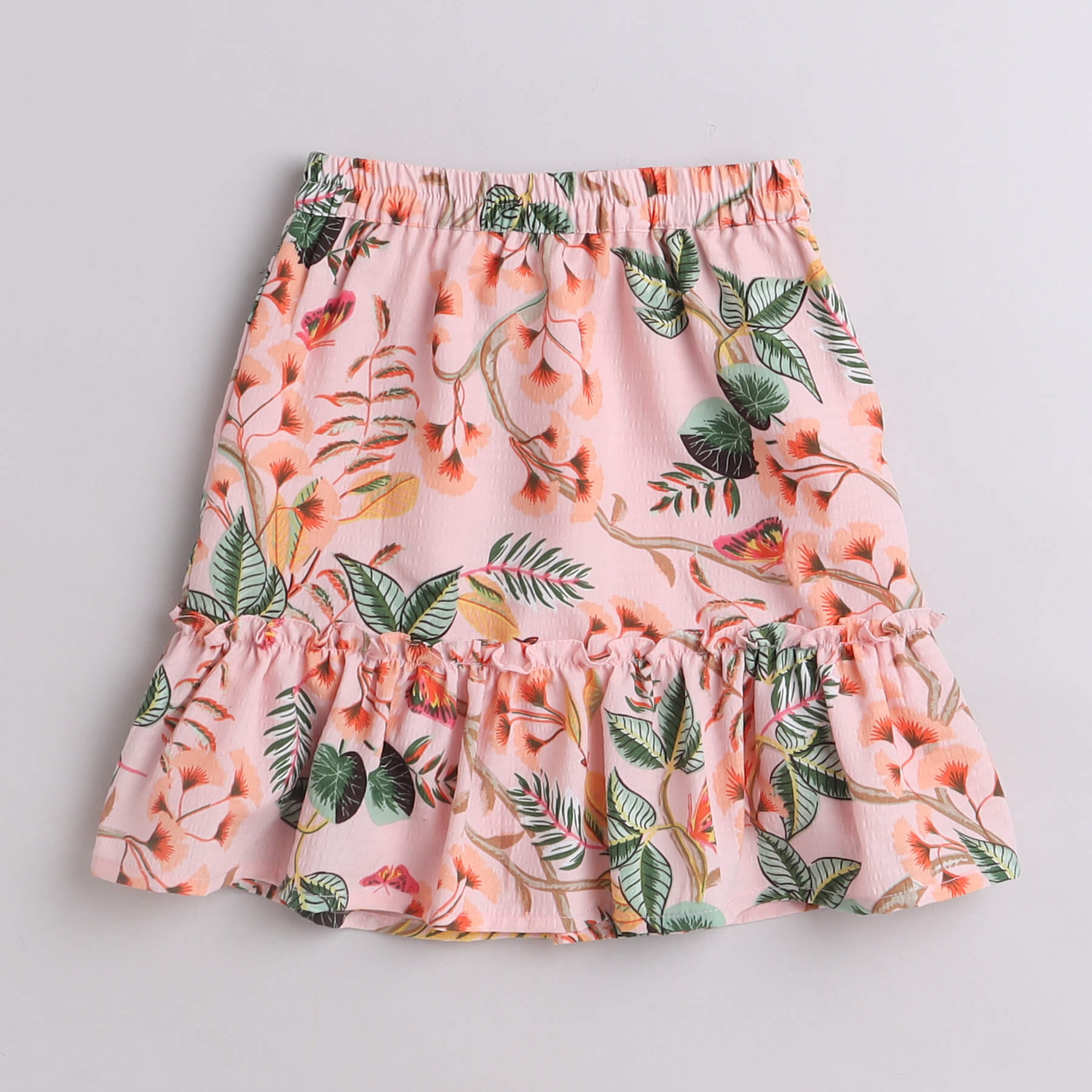 Shop Tropical Printed Halter Neck Back Tie Up Crop Top And Matching Tiered Short Skirt Set-Peach/Multis Online