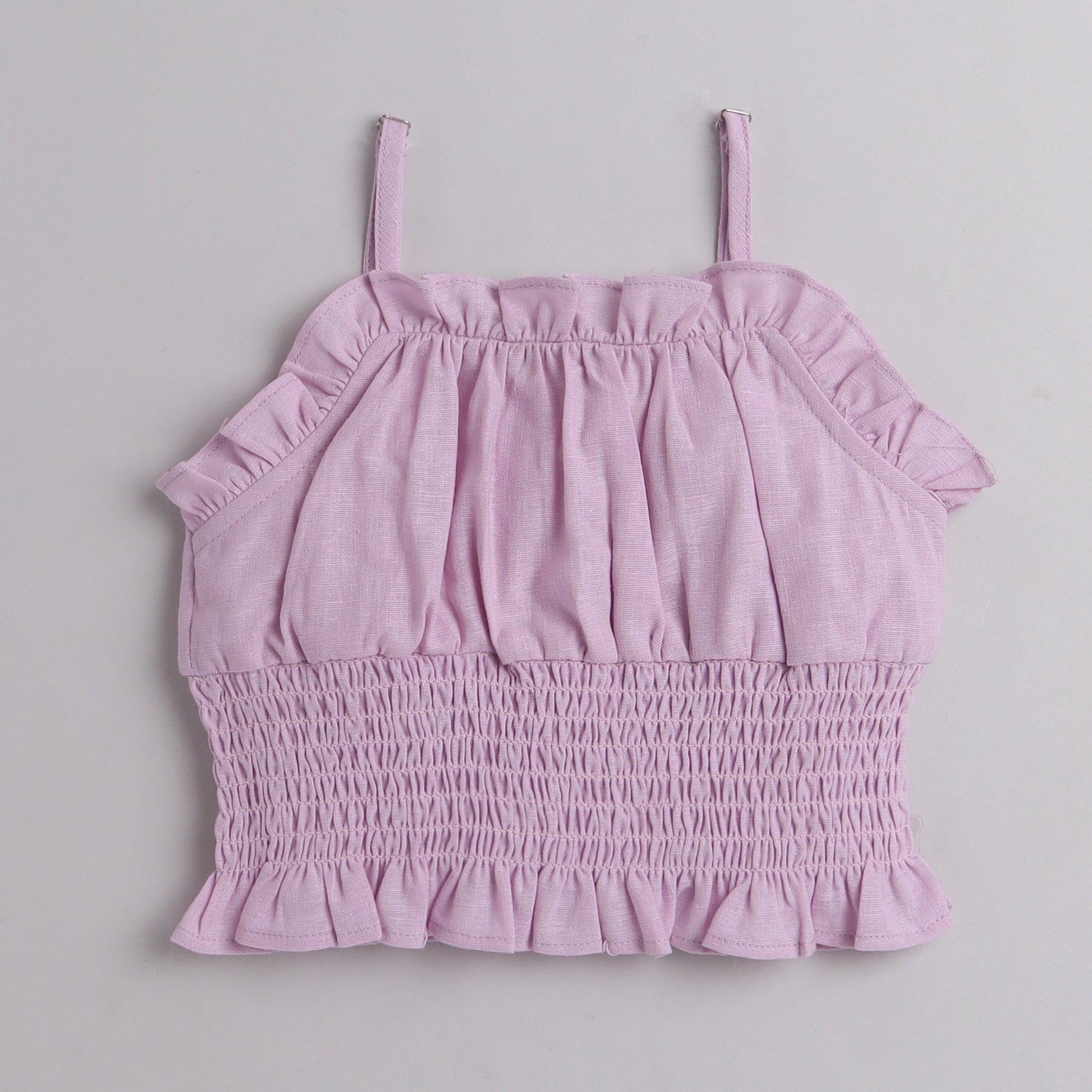 Shop Solid Smoked And Frill Detailed Crop Top With Pleat Detail Short Set-Purple Online