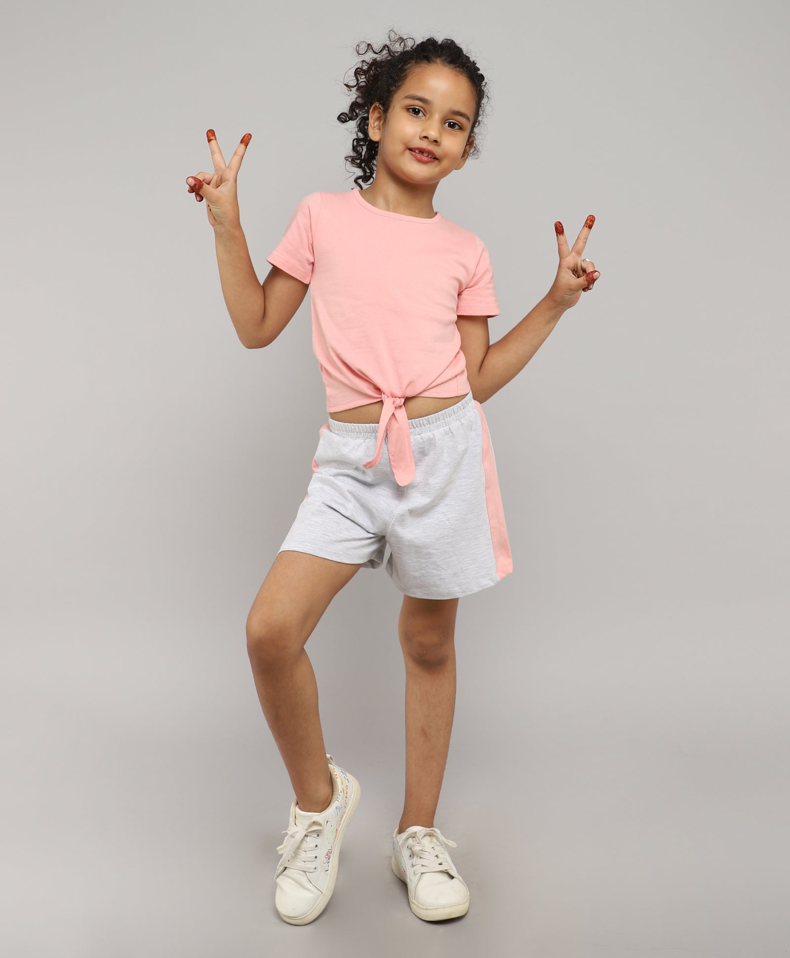 Shop Half Sleeves Tie-Up Top With Mini Shorts Set- Peach/Grey Online