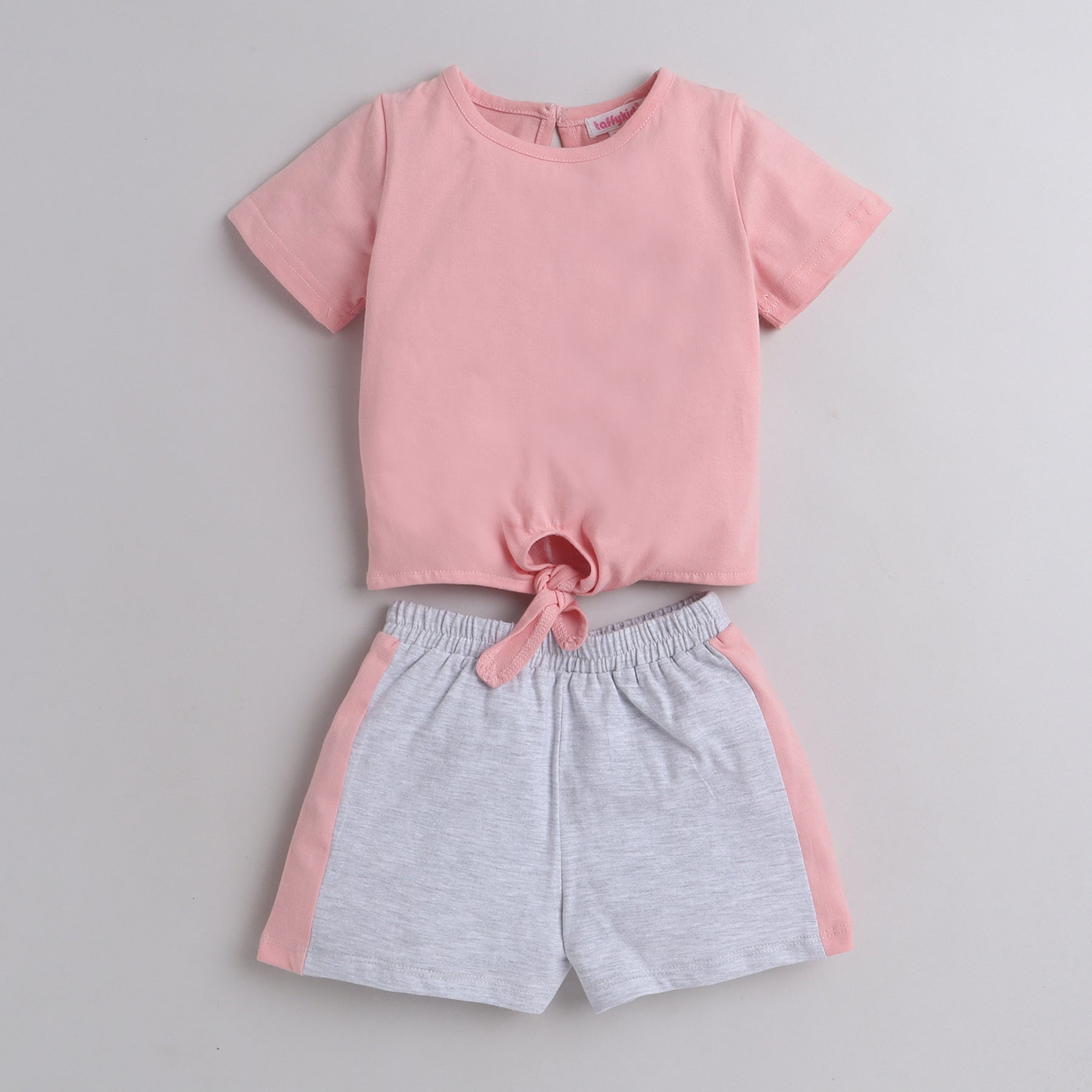 Shop Half Sleeves Tie-Up Top With Mini Shorts Set- Peach/Grey Online