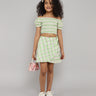 checked puff sleeves off shoulder crop top and wrap skirt set - Green