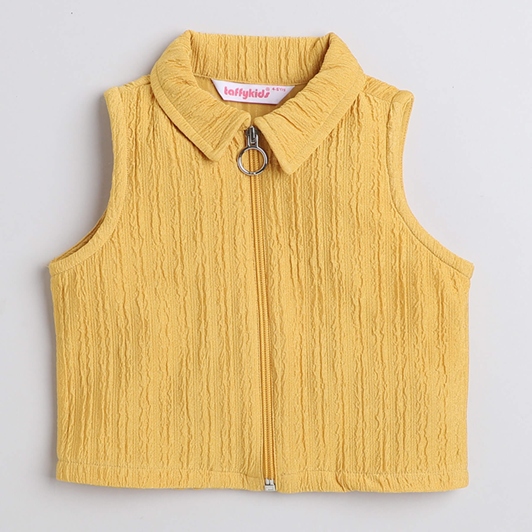 Taffykids Textured sleeveless collar neck zip-up crop top with matching bell bottom pant co-ord set-Yellow