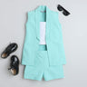 sleeveless shawl collar jacket with matching shorts and singlet crop top Set-Aqua/White