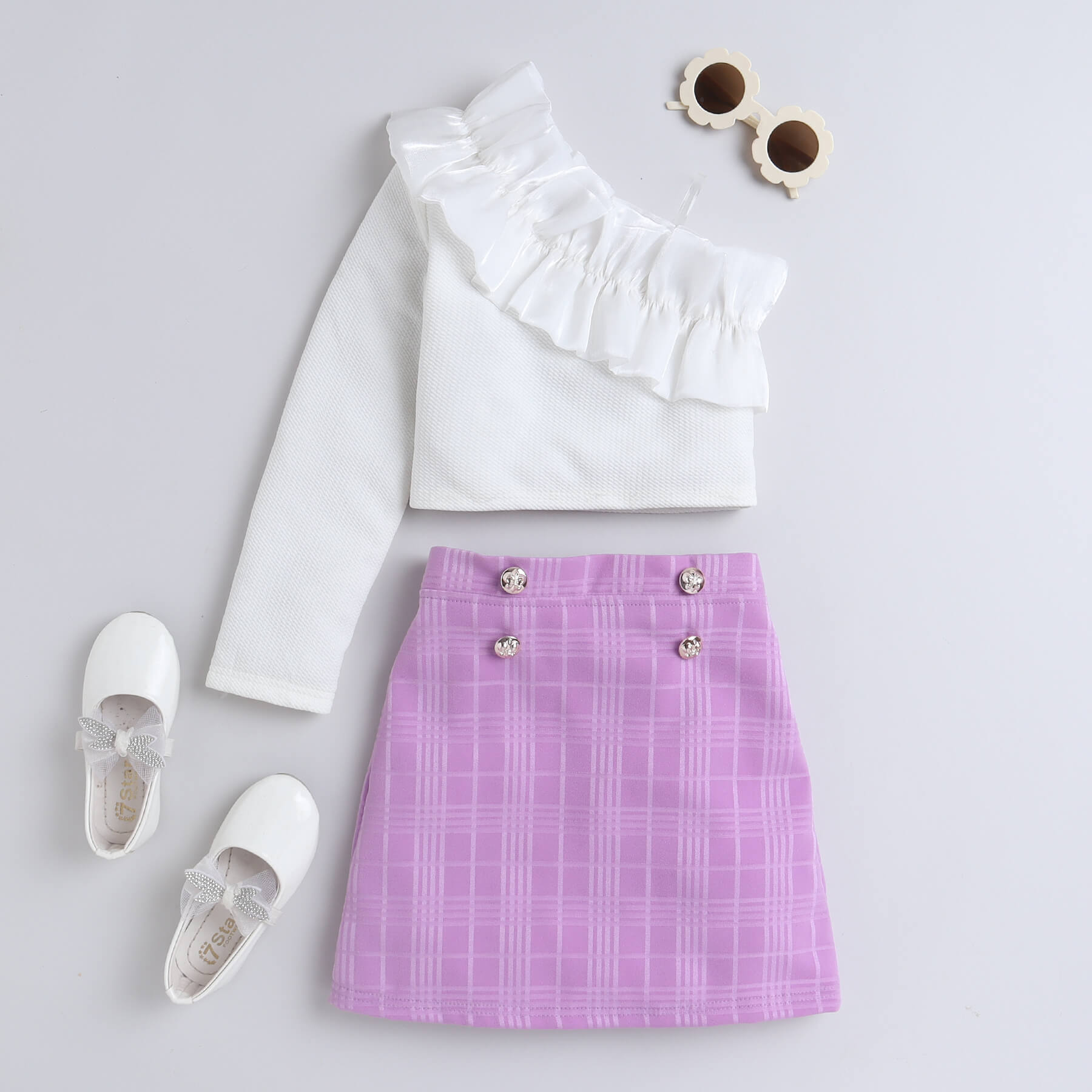 Taffykids full sleeve one shoulder ruffle detail party crop top and checks button detail skirt set-White/Purple