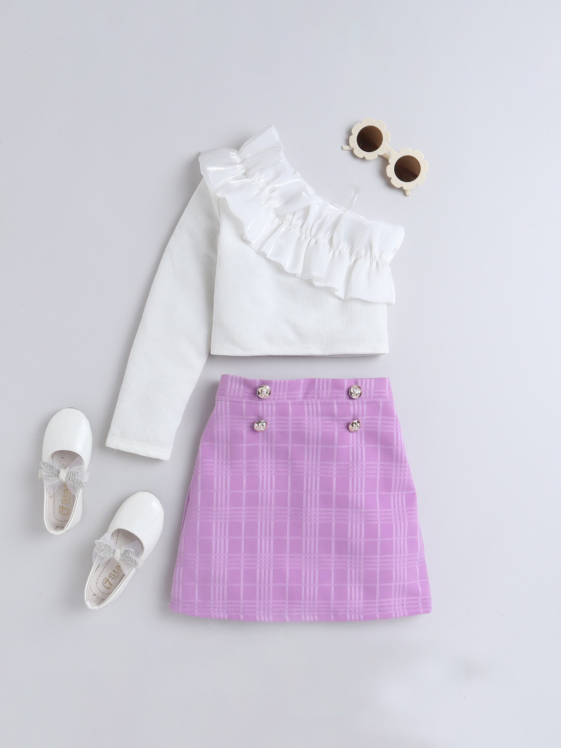 full sleeve one shoulder ruffle detail party crop top and checks button detail skirt set-White/Purple