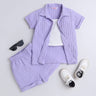 textured half sleeves shirt with matching short and solid singlet crop top set-Lilac/White