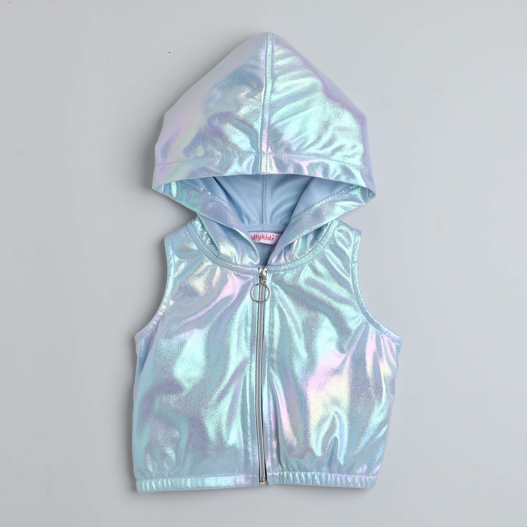 Shop Holographic Sleeveless Zip-Up Hooded Party Crop Top With Matching Slit Detail Skirt Set-Multi Online