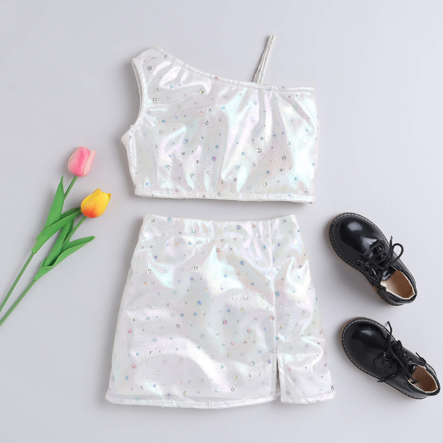 Shop Holographic Sequins And Rhinestone  Embellished Asymmetric Party Crop Top With Matching Slit Skirt Set-Off White Online