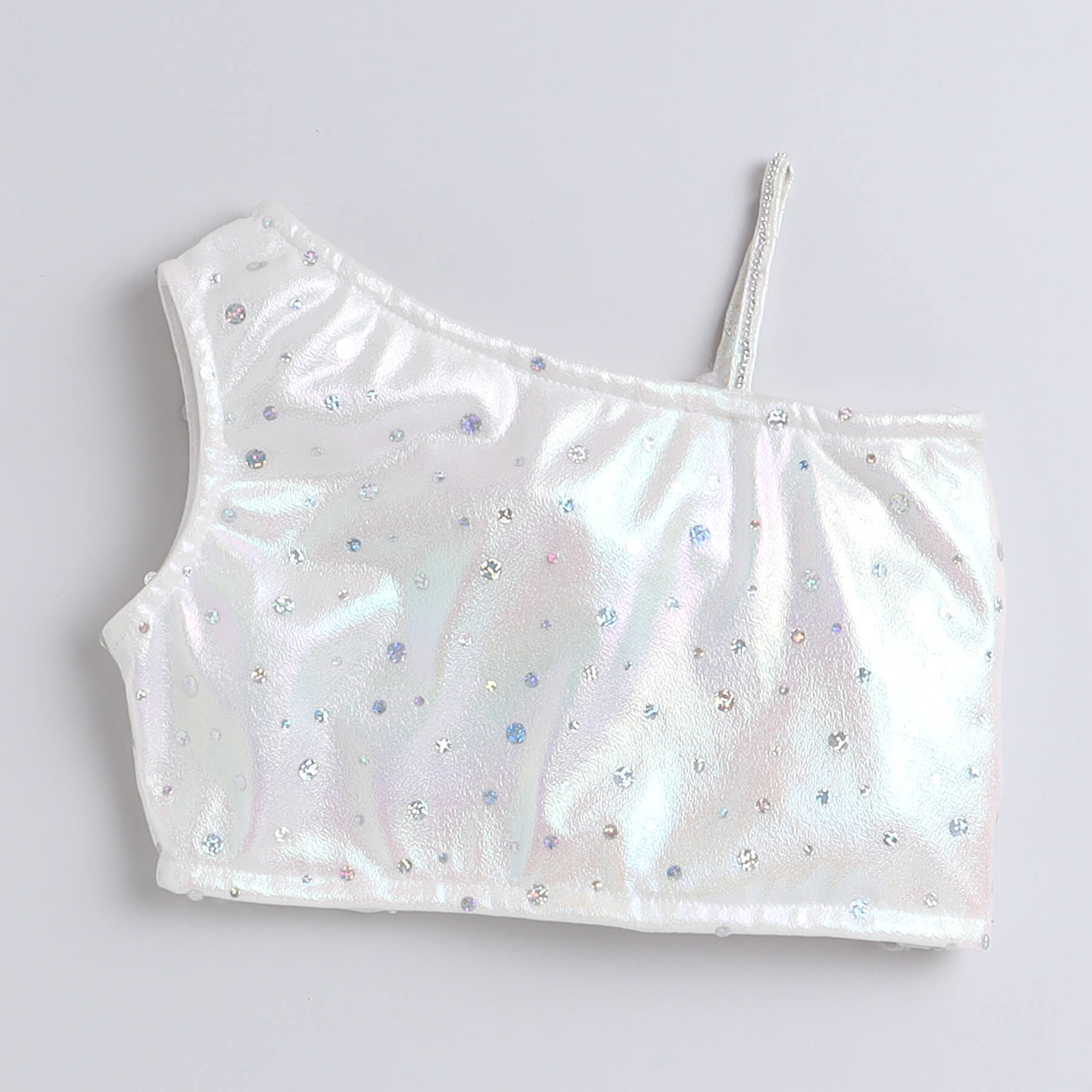 Shop Holographic Sequins And Rhinestone  Embellished Asymmetric Party Crop Top With Matching Slit Skirt Set-Off White Online