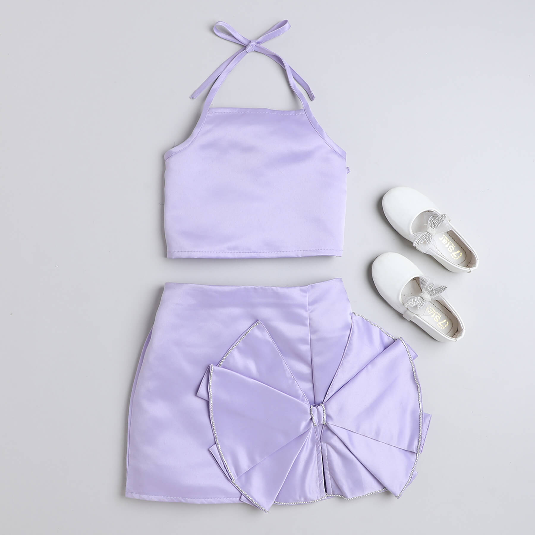 Shop Sleeveless Back Tie-Up Halter Party Crop Top With Matching Bow Detail Rhinestone Embellished Slit Skirt Set-Lilac Online
