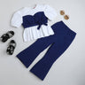 Taffy color-block puff sleeves peplum top and bell bottom pant set-Blue/White