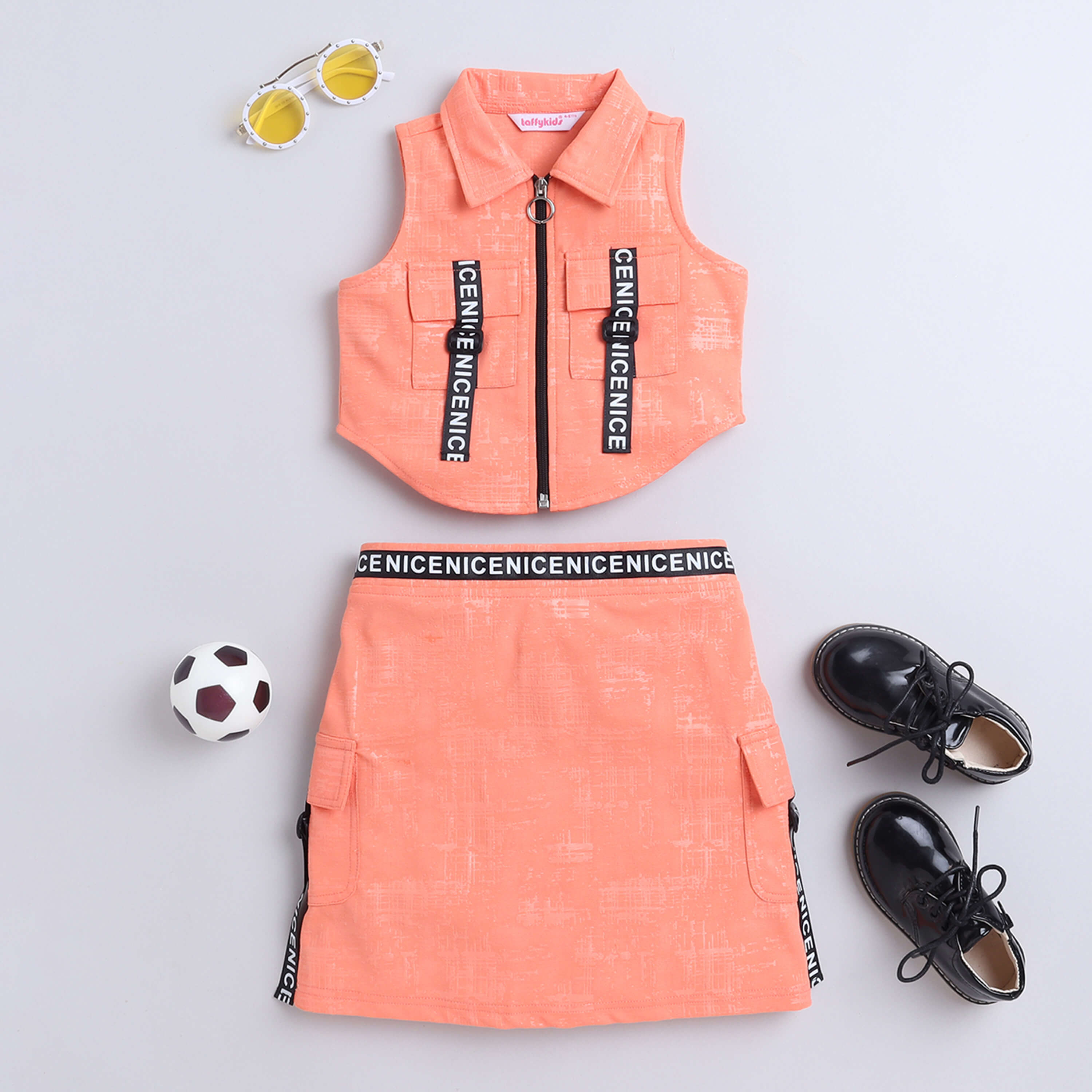 embossed sleeveless pocket and tape detail zip up crop top with matching skirt set-Peach/Back