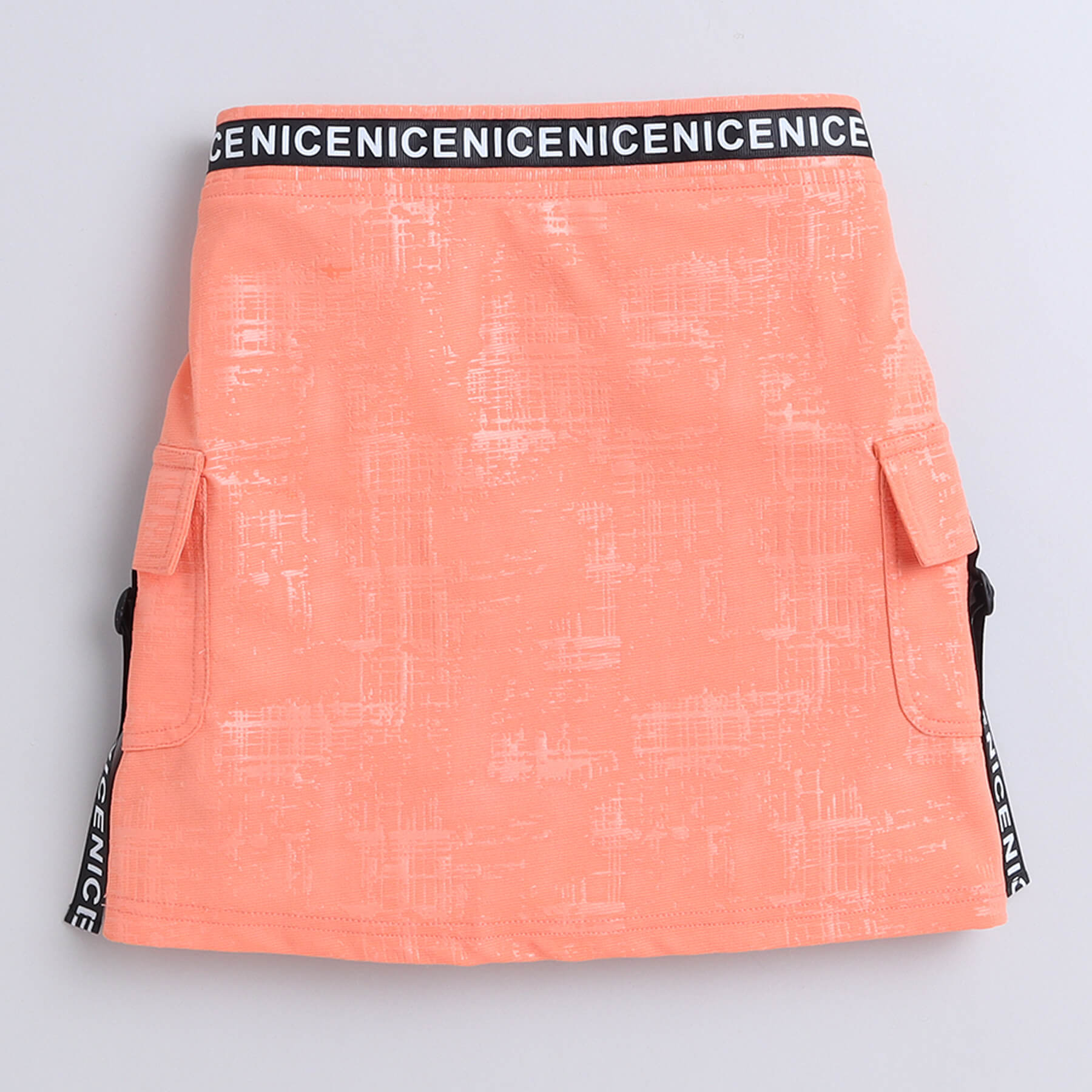 Shop Embossed Sleeveless Pocket And Tape Detail Zip Up Crop Top With Matching Skirt Set-Peach/Back Online