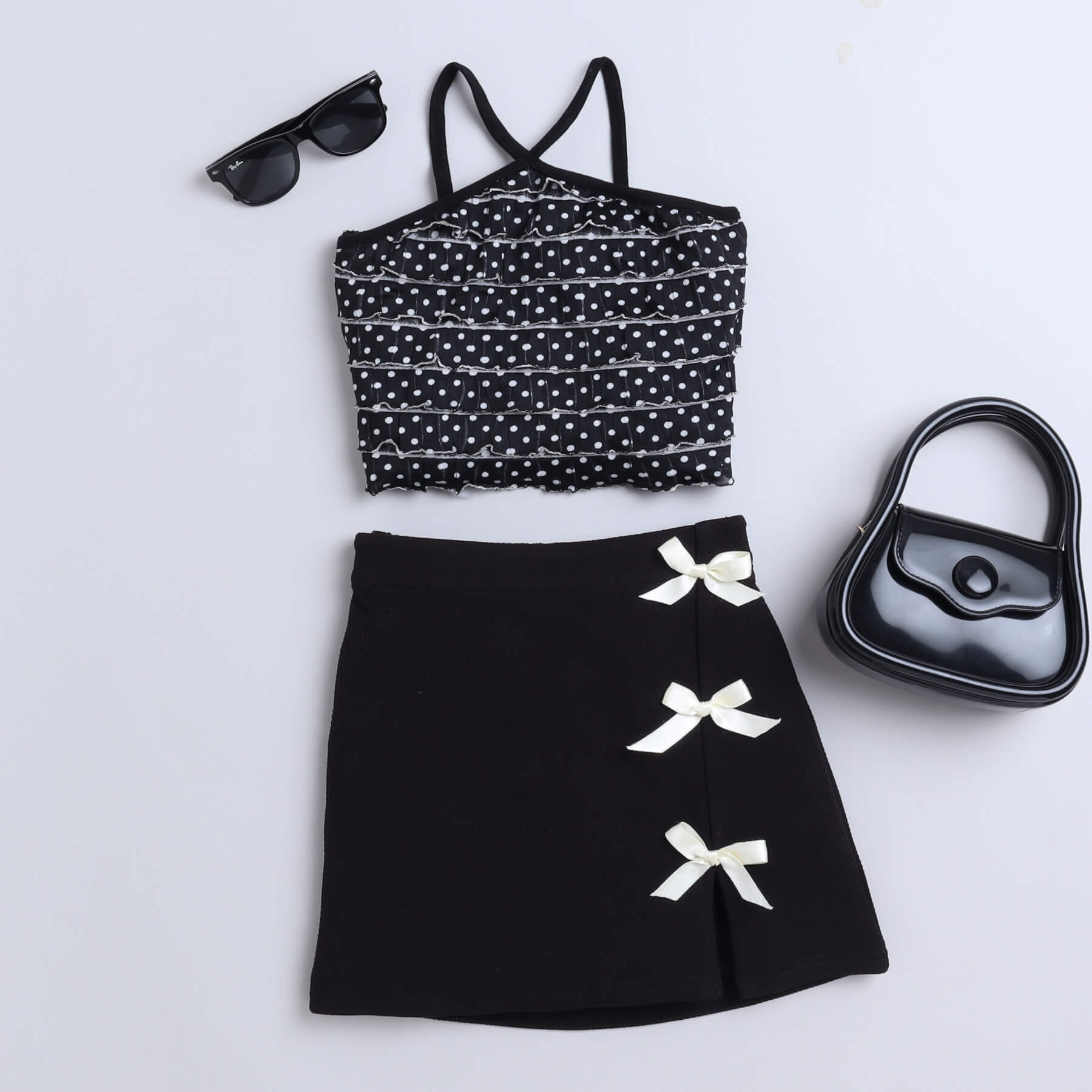 Shop Polka Dots Printed Halter Neck Ruffle Party Crop Top And Ribbon Bow Detail Slit Skirt Set-Black/White Online