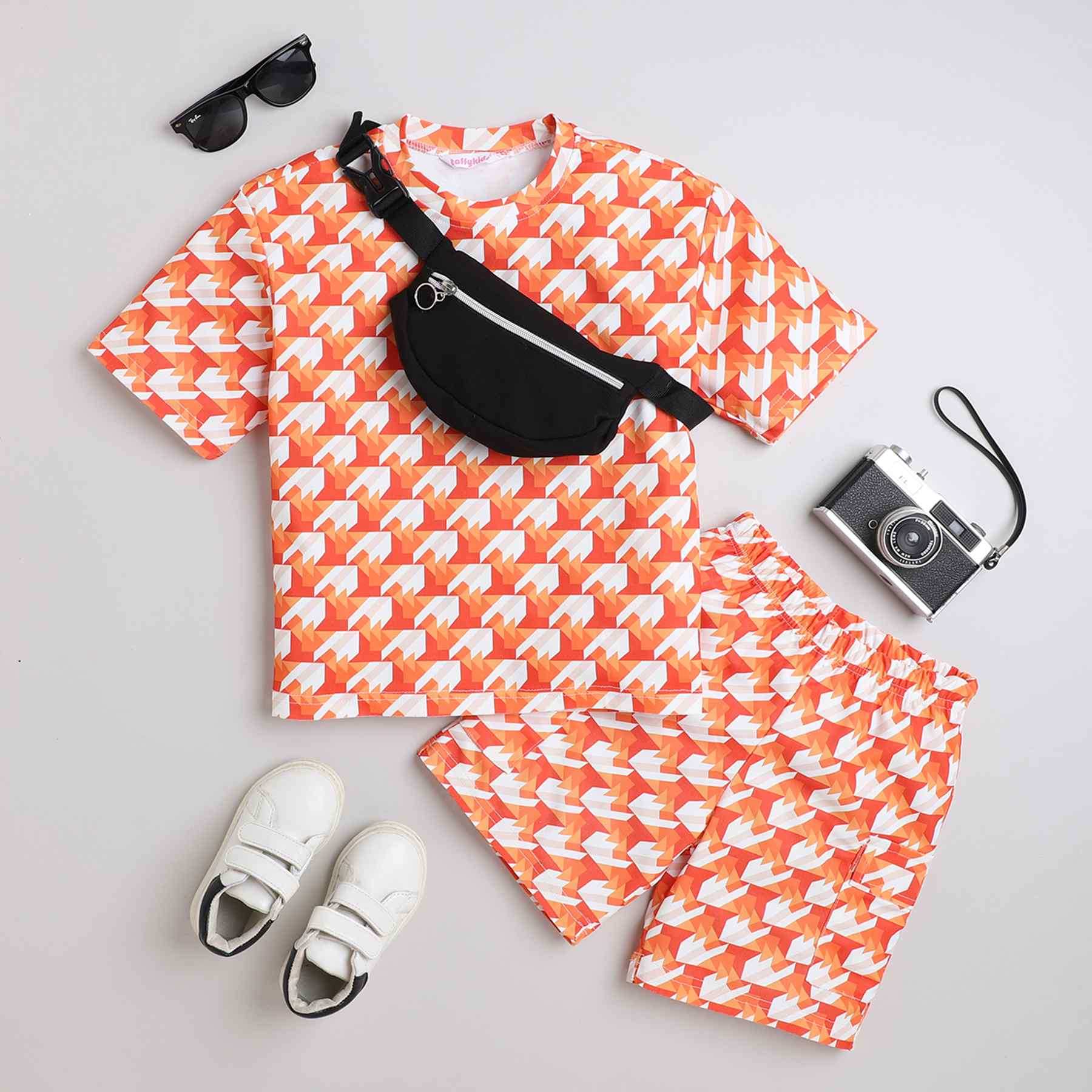 houndtooth printed half sleeve Oversized tee and Shorts co-ord set with Waist bag-Orange/Black