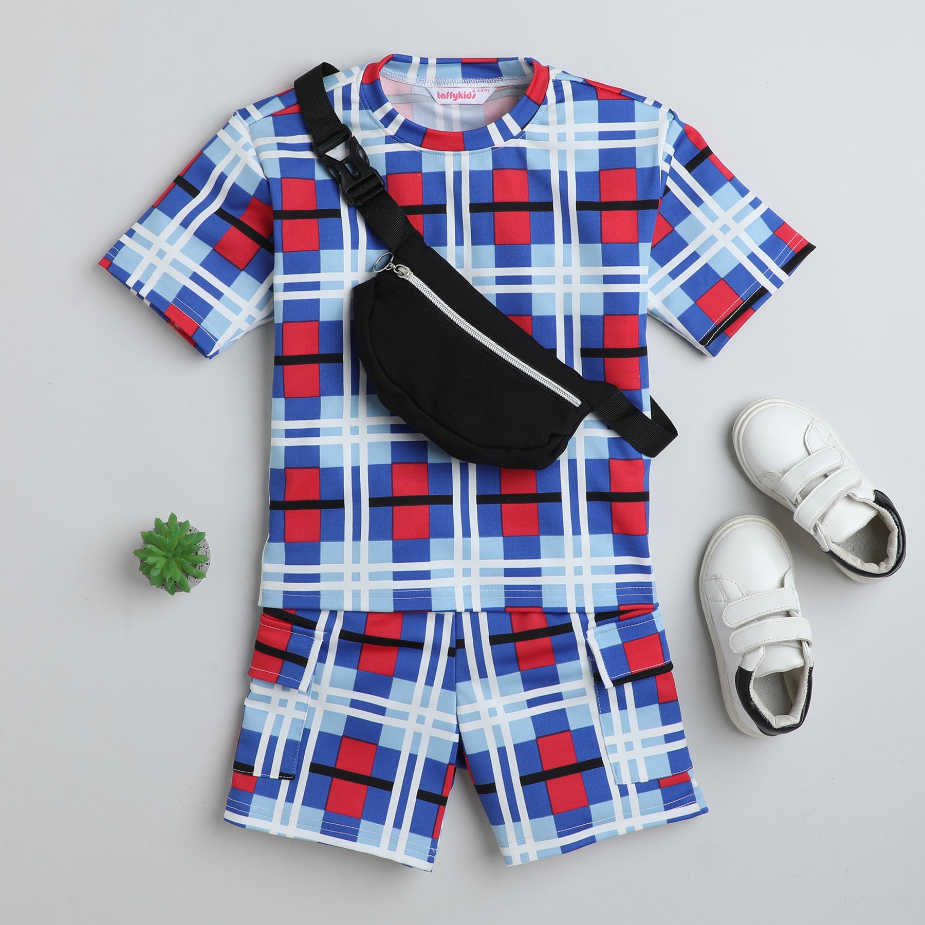 Shop Checks Printed Oversized Tee And Shorts Co-Ord Set With Waist Bag-Red/Blue Online