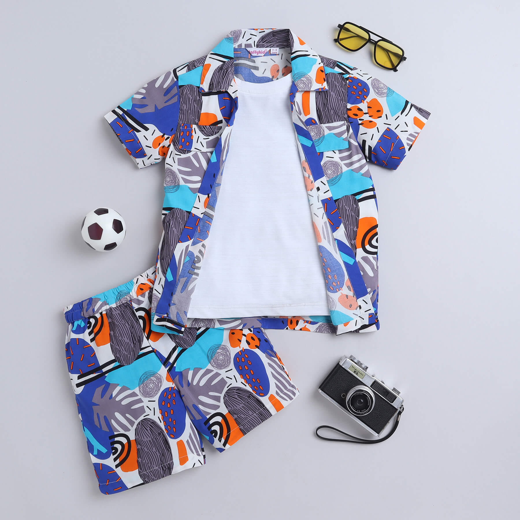 Taffykids Tropical printed half sleeves shirt with attach tee and short set-White/Multi